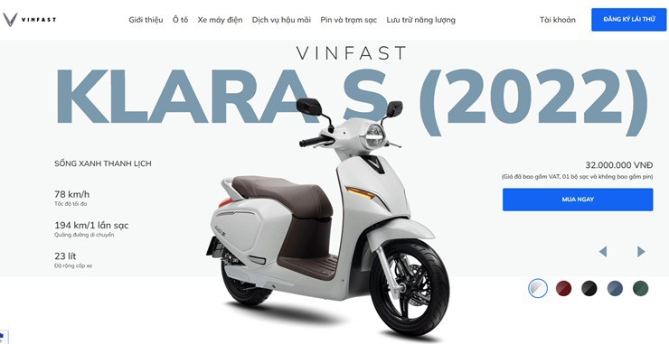 VinFast Klara S 2022 được giảm giá niêm yết (Ảnh: Chụp màn hình). 