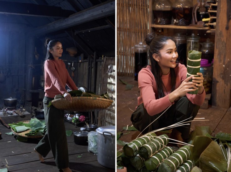 Năm nay, H’Hen Niê lên ý tưởng gói bánh tét tặng bà con nghèo ở buôn làng. H’Hen Niê chia sẻ cô yêu không khí ngày Tết, mọi người cùng nhau quây quần gói và nấu bánh tét.