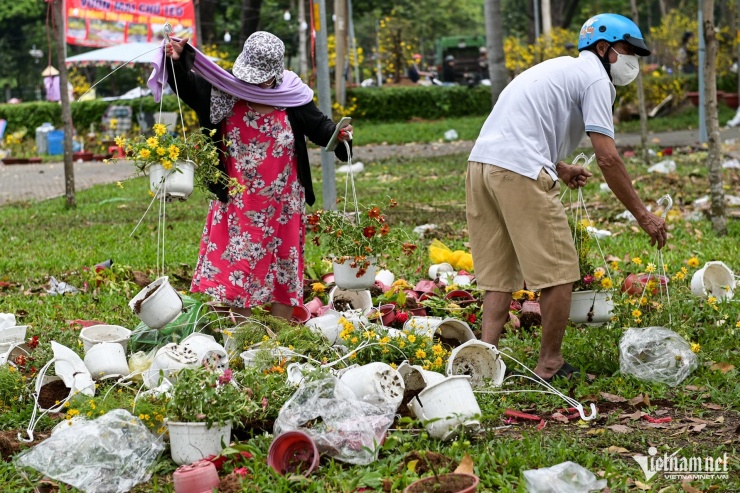 Nhiều người dân thấy hoa bị bỏ chất đống đã tranh thủ tới nhặt về những chậu hoa còn tươi để trồng.