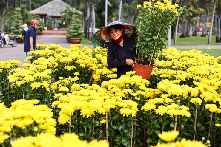 Hai tiếng trước giờ chợ hoa đóng cửa, chị Trịnh Thị Kim Loan, quận 12 còn gần 200 chậu cục đại đoá. Chị liên tục rao đồng giá 200.000 đồng một cặp. "Năm nay sức tiêu thụ cũng tương tự năm ngoái. Tôi ở gần chợ hoa nên cũng giảm được đáng kể chi phí vận chuyển", chị Loan chia sẻ.
