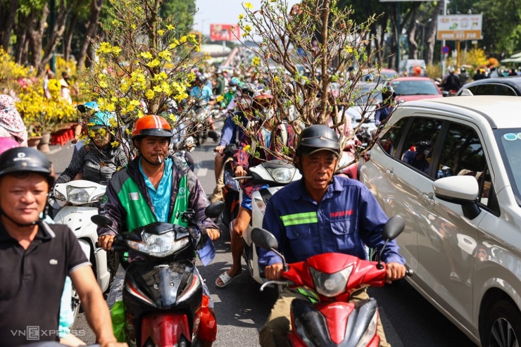 Tại chợ hoa, phần lớn mai đều kịp bung nở vàng, được bán với nhiều mức giá. Ngày cuối giá giảm, khách đều mua nhiều chậu hoa, phải thuê xe máy, ba gác chở về nhà chưng Tết.