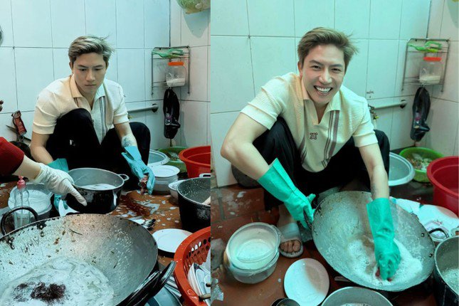 Anh Tú và biểu cảm "cực kỳ hài lòng" với công việc thường niên vào mỗi dịp về quê đón Tết: Rửa bát sau khi tiệc tàn.