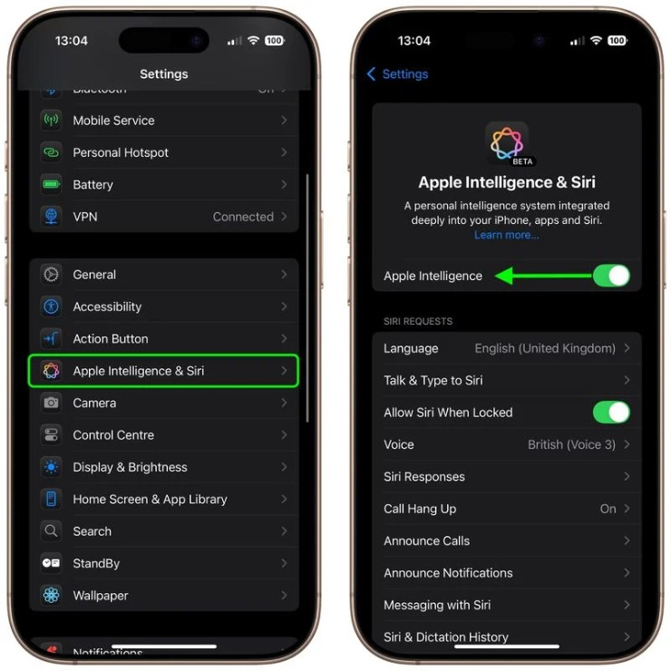 Tắt Apple Intelligence trong mục Apple Intelligence & Siri của ứng dụng Settings.