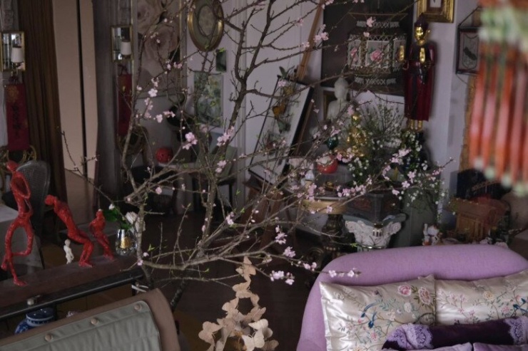 Cành đào lớn được đặt ngay trung tâm phòng khách, điểm xuyết những bông hoa hồng phớt tinh khôi, mang đến không khí Tết rộn ràng.