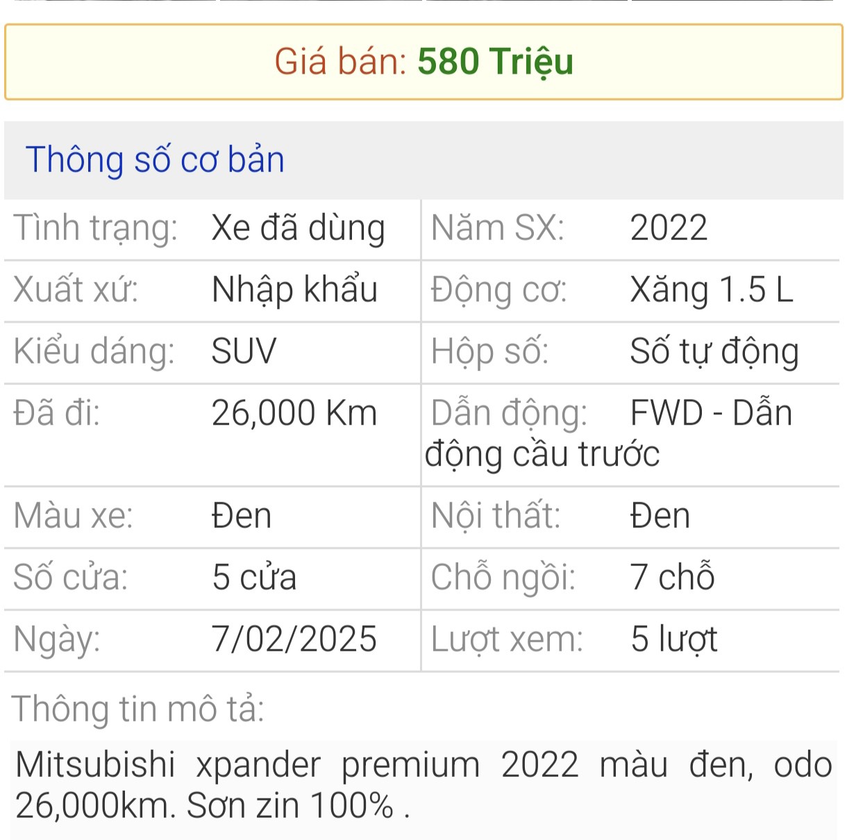 Tin rao bán xe. (Ảnh chụp màn hình)