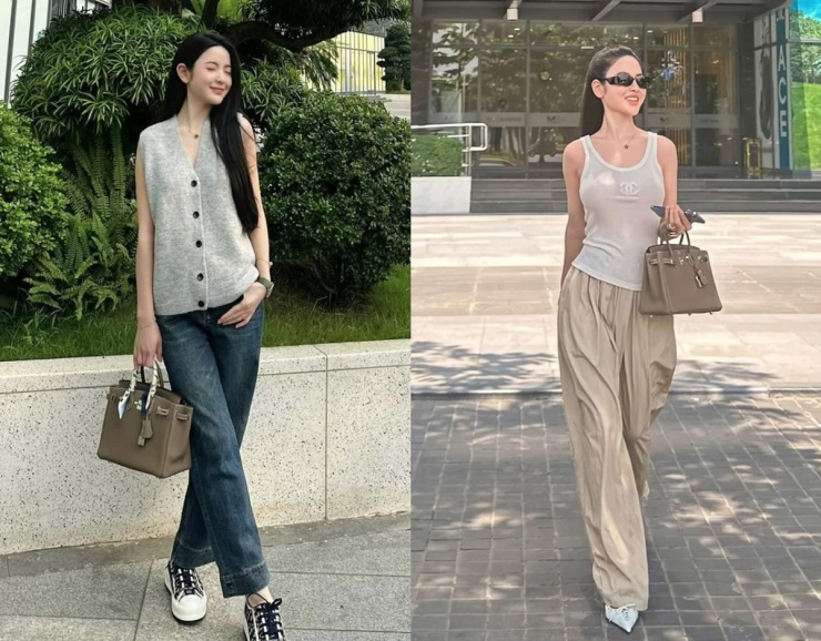 Cô thường phối món phụ kiện với trang phục năng động như áo len không tay, thun, quần jeans suông khi đi làm hoặc dạo phố.