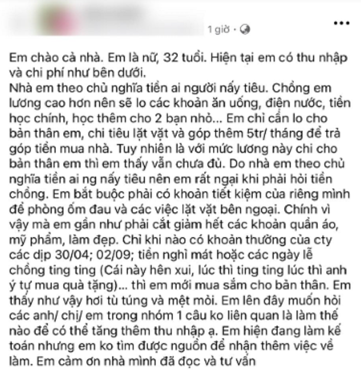 Người vợ chia sẻ câu chuyện chi tiêu trong gia đình theo kiểu tiền ai nấy tiêu.