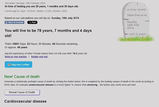 Sau khi điền đủ các thông tin, người dùng có thể được cung cấp dự đoán về nguyên nhân tử vong, tuổi thọ của bản thân so với những người khác cùng giới tính và chỉ số khối cơ thể (BMI) như thế nào. Ảnh: Mail Online.