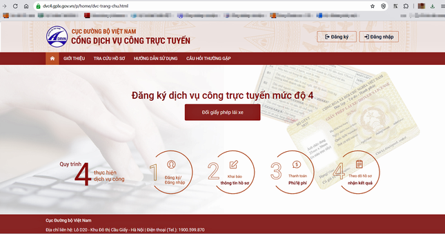 Cổng dịch vụ công trực tuyến của Cục Đường bộ Việt Nam. Ảnh: Chụp màn hình.