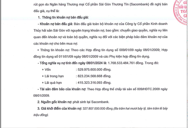 Thông báo đấu giá khoản nợ của Công ty Thuỷ hải sản Sài Gòn (ảnh: N.M).