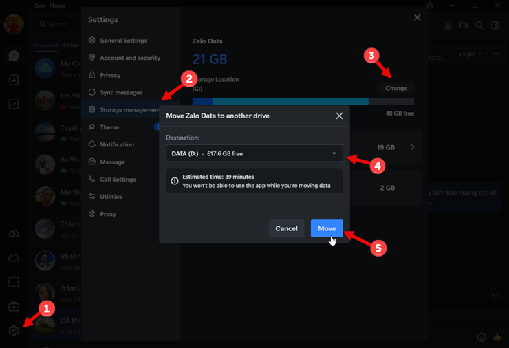 Các bước di chuyển thư mục lưu trữ dữ liệu của Zalo PC.
