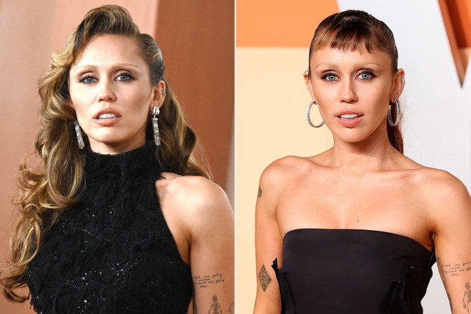 Miley Cyrus tại lễ trao giải Oscar 2025 (phía trái) và tại tiệc hậu Oscar.