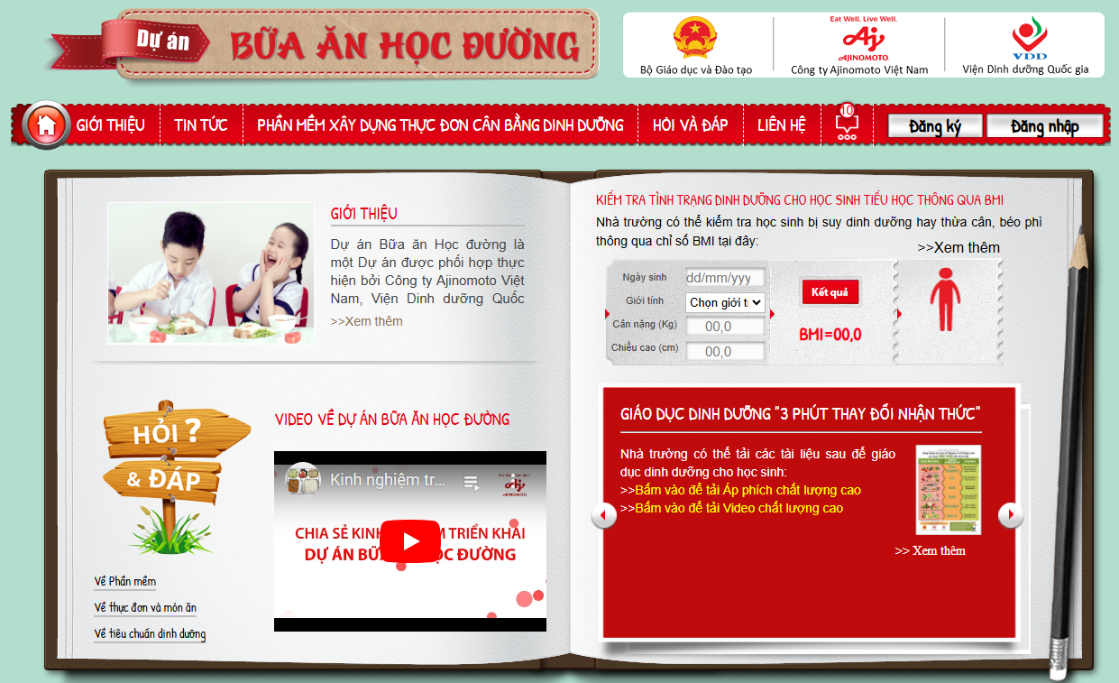 Trang chủ của Phần mềm xây dựng thực đơn cân bằng dinh dưỡng thuộc dự án.