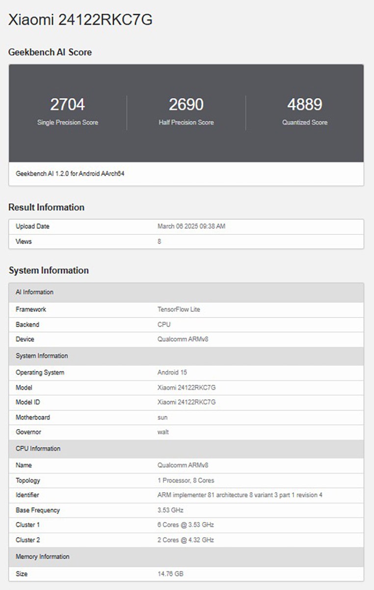 Information on Geekbench AI reveals impressive configuration of POCO F7 Ultra.