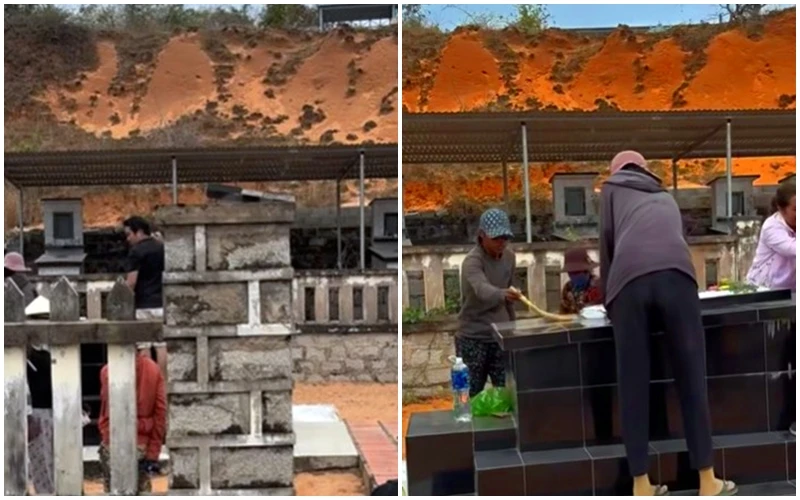 Hình ảnh nhóm người tự ý dọn vệ sinh mồ mả để xin tiền. Ảnh cắt từ clip.