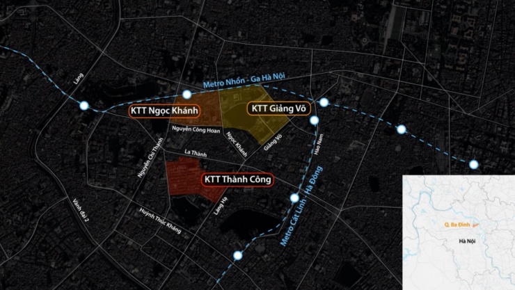 Vị trí ba khu tập thể Thành Công, Giảng Võ, Ngọc Khánh. Đồ họa: Đỗ Nam