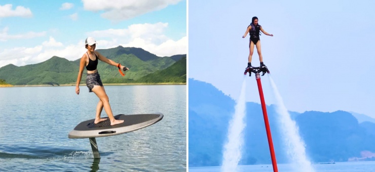 Ván trượt Efoil (trái) và Flyboard (phải) mang đến nhiều trải nghiệm thú vị đầy mạo hiểm cho du khách.