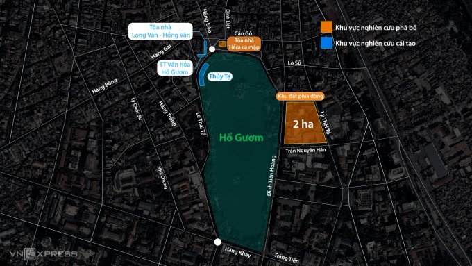 Những khu vực được nghiên cứu quy hoạch mở rộng không gian Hồ Gươm. Đồ họa: Đỗ Nam