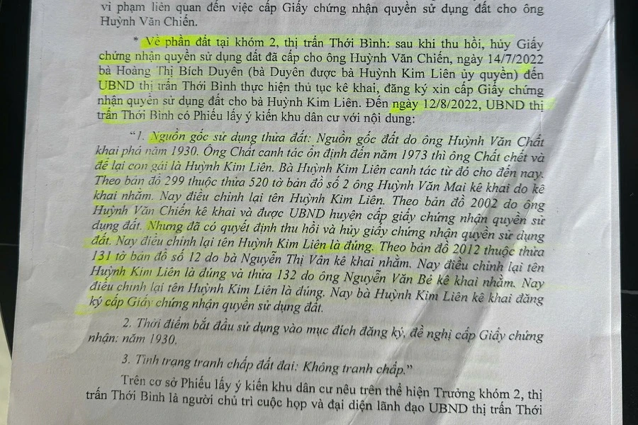 Tháng 9-2022, UBND huyện Thới Bình báo cáo về tình nguồn gốc đất là của cụ Liên nhưng tháng 7-2024 thì cấp cho ông Chiến dù tòa đang thụ lý vụ kiện từ cụ Liên. Ảnh: TRẦN VŨ