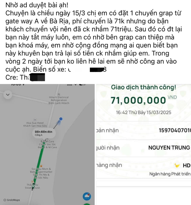 Hành khách đăng nội dung việc chuyển nhầm tiền khi đi GrabBike lên mạng xã hội