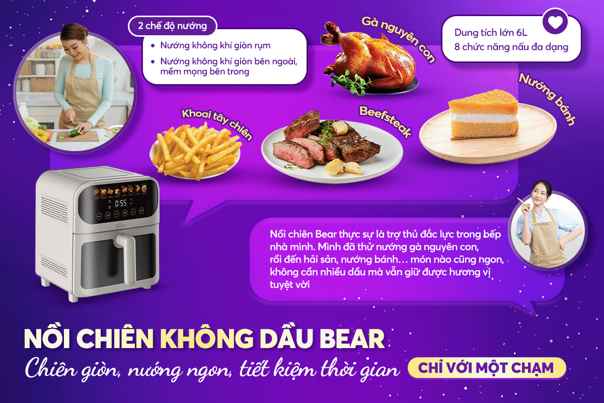 Chiên nướng siêu tiện lợi với nồi chiên không dầu Bear – dung tích lớn, đa chức năng, chuẩn vị cho mọi bữa ăn