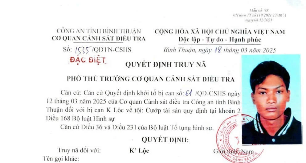 Quyết định truy nã đặc biệt K' Lộc.