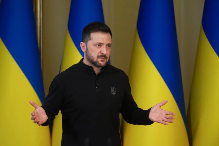 Tổng thống Ukraine Volodymyr Zelensky trả lời họp báo ở Kiev ngày 12/3/2025. Ảnh: Global Images Ukraine.