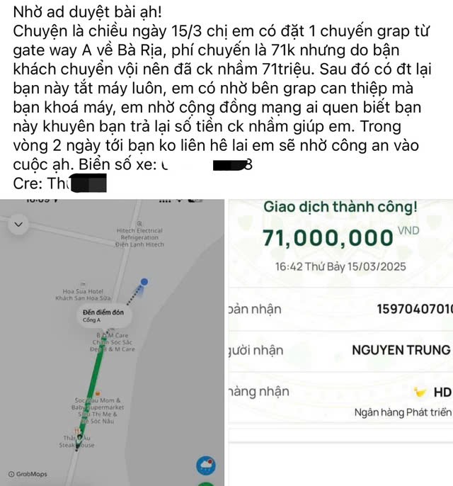 Chị V.L.L đăng nội dung việc chuyển nhầm tiền khi đi GrabBike lên mạng xã hội.