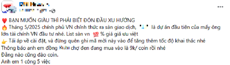 Một bài kêu gọi tham gia dự án khai thác tiền ảo trên mạng xã hội.