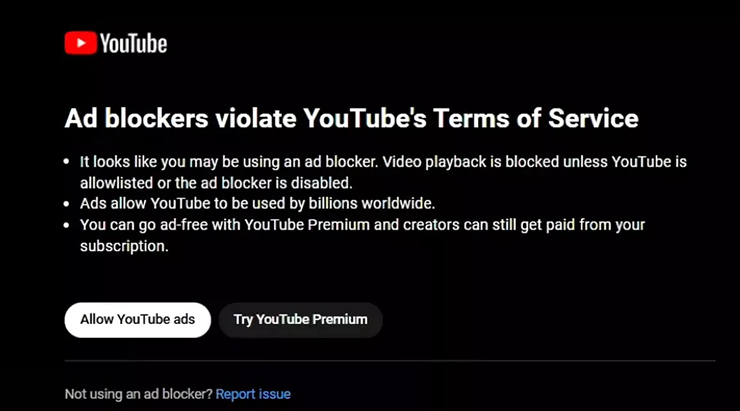 YouTube liên tục cảnh báo người dùng sử dụng trình chặn quảng cáo.