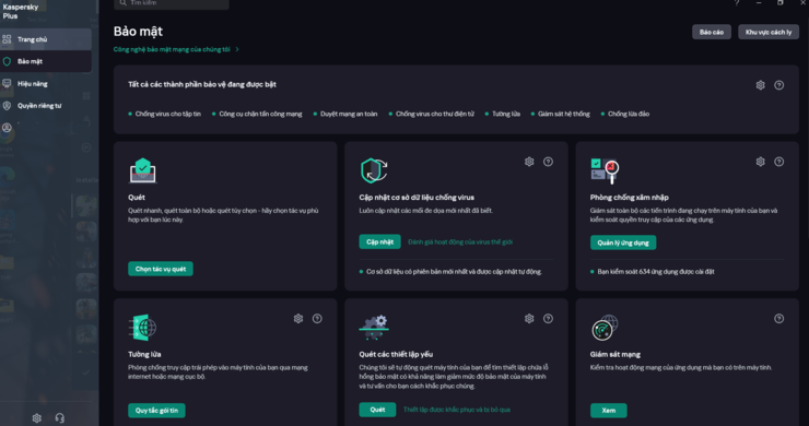 Giao diện quản lý của Kaspersky Plus 2025.