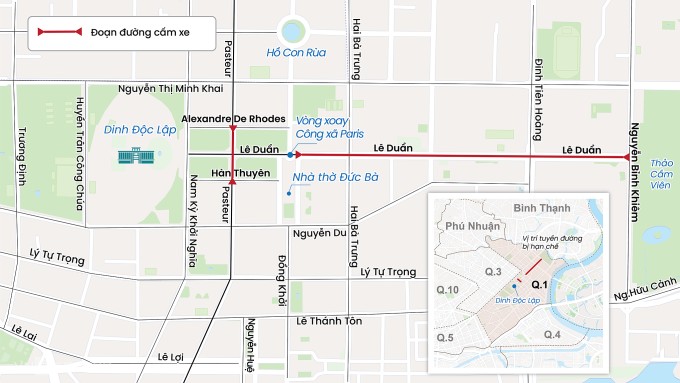 Hai đoạn đường thành phố hạn chế xe để phục vụ dịp lễ 30/4. Đồ họa: Hoàng Chương