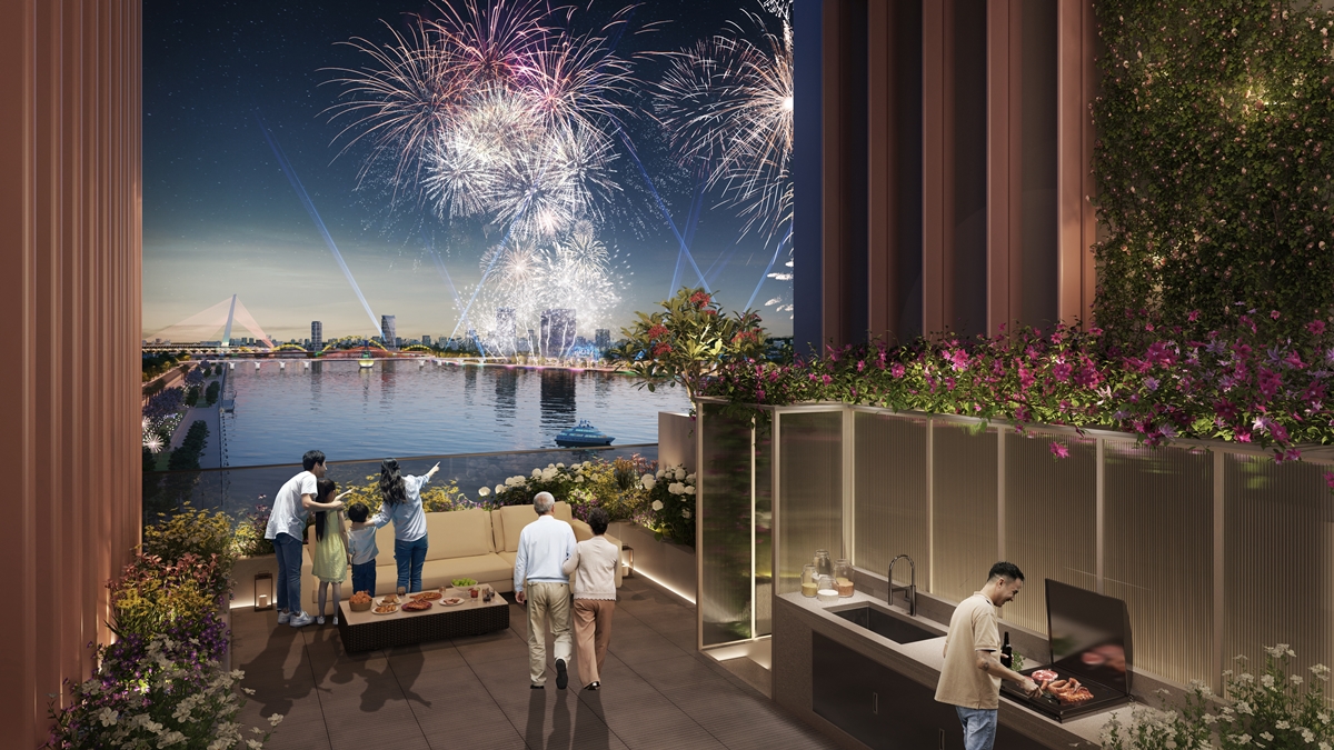 Không gian sân vườn trên tầng 3 của căn hộ dual front. Ảnh phối cảnh minh họa Sun Property