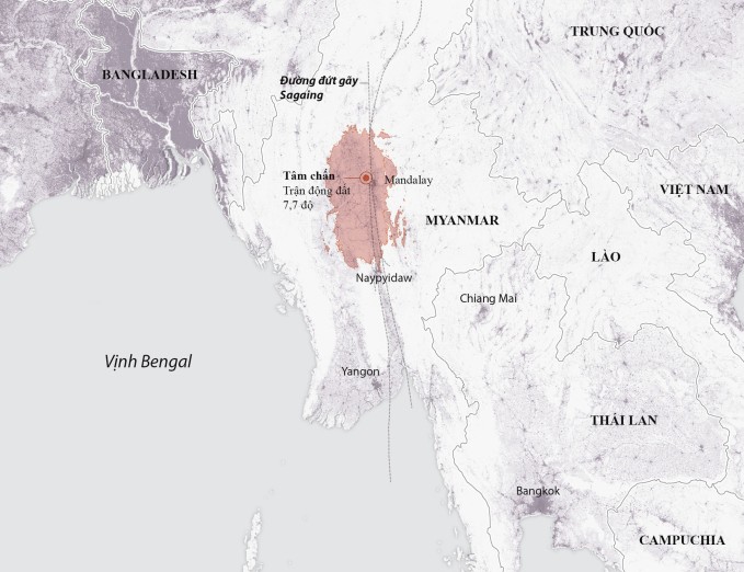 Vị trí tâm chấn động đất và đường đứt gãy Sagaing. Đồ họa: Quỹ Mô hình Động đất Toàn cầu