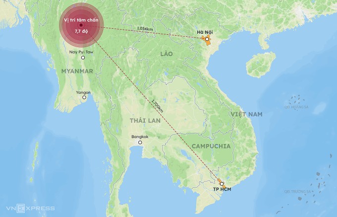 Vị trí tâm chấn động đất ở Myanmar. Đồ họa: Hoàng Khánh