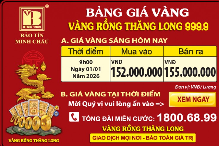 Giá Vàng Rồng Thăng Long- Bảo Tín Minh Châu ngày 01.01.2026