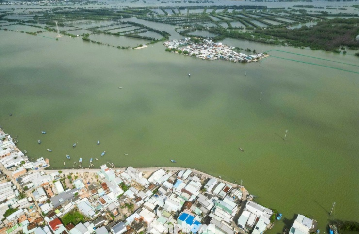 Cồn Chim (thôn Vinh Quang 2, xã Tuy Phước Đông, tỉnh Gia Lai), như một ốc đảo giữa lòng đầm Thị Nại, nơi gần 200 hộ dân với hơn 1.000 nhân khẩu sinh sống. Mọi sinh hoạt, đi lại đều phụ thuộc hoàn toàn vào những chuyến đò ngang. Ảnh: Trương Định