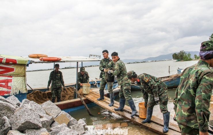 Bà Nguyễn Thị Xuyến (63 tuổi, xóm Cồn Chim) cho biết: "Một viên đá trong đất liền chỉ hơn 4.000 đồng, nhưng tiền vận chuyển ra cồn có khi gấp gần ba lần. Nhờ có bộ đội giúp sức, bà con đỡ vất vả, đỡ tốn kém rất nhiều”. Ảnh: Trương Định