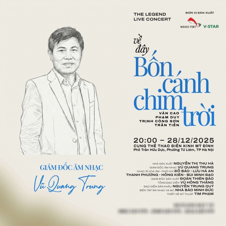 Vũ Quang Trung trên poster giới thiệu đêm nhạc&nbsp;“Về đây bốn cánh chim trời” do Công ty TNHH Ngọc Việt Education tổ chức. Ảnh: FBNV