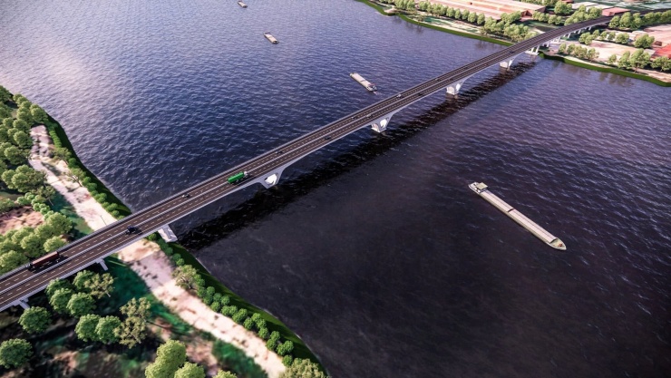 Cuối cùng, cầu Vân Phúc có tổng chiều dài khoảng 7,7 km, kết cấu bê tông cốt thép vĩnh cửu, quy mô 4 làn xe cơ giới và 2 làn xe thô sơ, với tổng mức đầu tư hơn 3.400 tỷ đồng. Cây cầu bắt đầu từ khu vực Quốc lộ 32 và kết nối tới ranh giới Hà Nội - Phú Thọ, mở ra hướng phát triển mới về phía Tây Bắc. (Trong ảnh là phối cảnh cầu Vân Phúc)