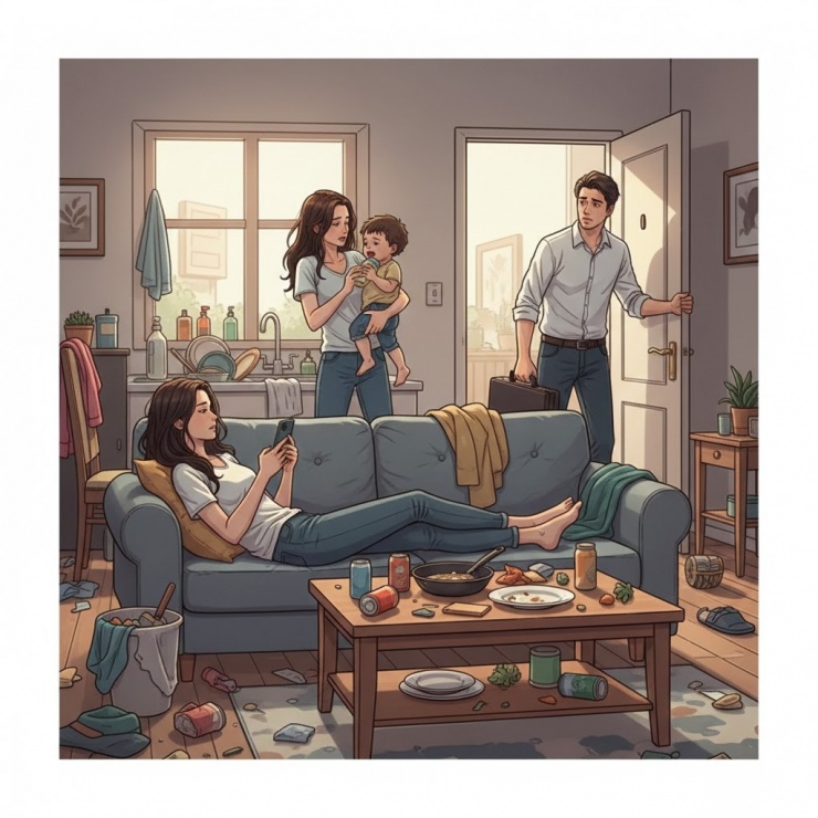 Em vợ nằm xem điện thoại, còn vợ tôi tất bật nấu ăn, tắm cho con, dọn dẹp... (ảnh minh hoạ: AI)