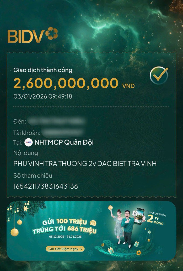 Đại lý vé số Phú Vinh chia sẻ thông tin chuyển khoản cho "em gái" trúng độc đắc 4 tỉ đồng. Ảnh: ĐLVS Phú Vinh