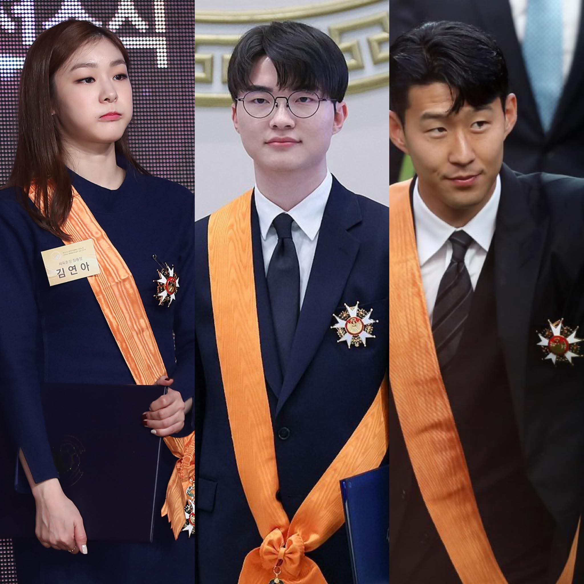 Với huân chương cao quý này, Faker (giữa) sánh ngang siêu sao bóng đá Son Heung-min (phải) và nữ thần trượt băng Kim Yuna (trái).