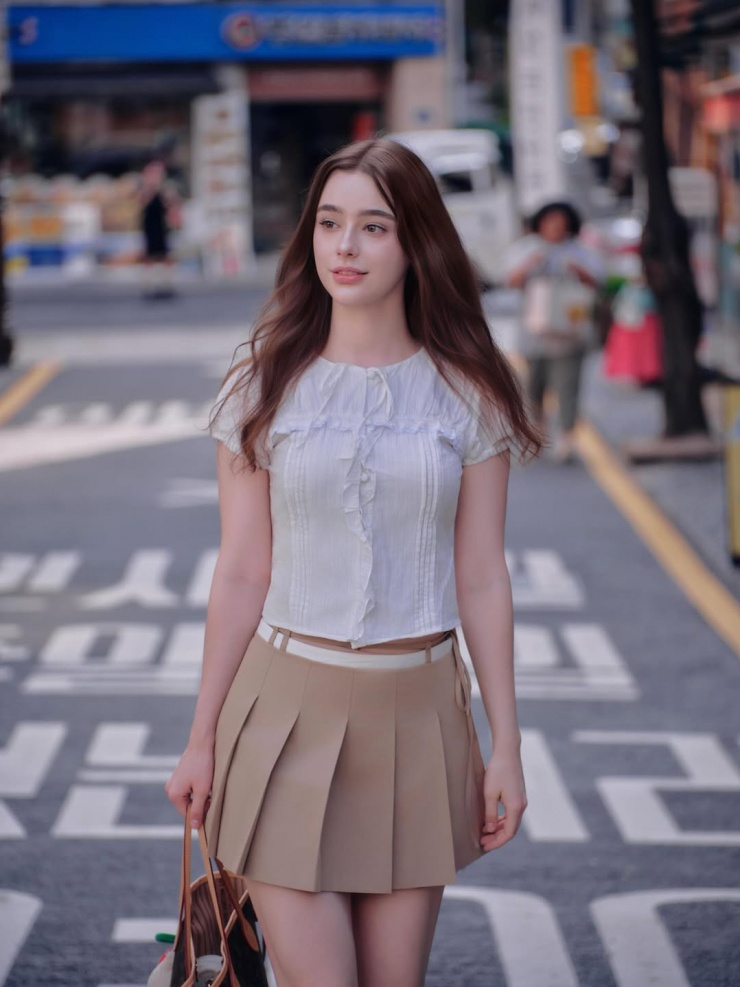 Thời trang đường phố của cô là các bộ váy áo cảm hứng nữ sinh (preppy).