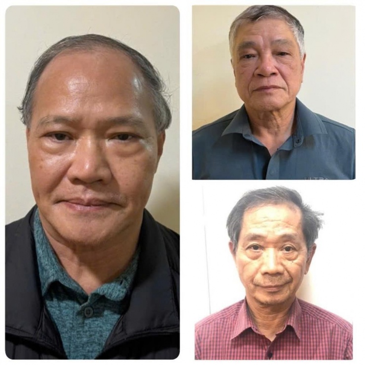 Bị can Hoàng Văn Thắng, nguyên Thứ trưởng Bộ NN&amp;PTNT (trái) cùng 02 bị can Trần Tố Nghị và Trần Văn Lăng (áo đỏ).