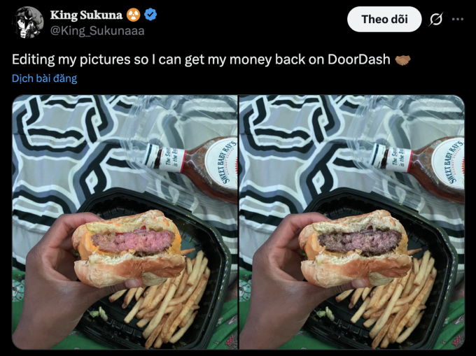 Một người "khoe" bức ảnh bánh hamburger chứa "thịt sống" đã được chỉnh sửa (bên trái) với ảnh thật. Ảnh: X/King Sukuna