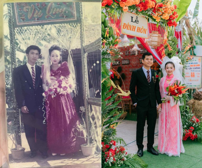 Vợ chồng Chúc Bình trong ngày đính hôn (phải) và ảnh cưới cha mẹ hơn 30 năm trước. Ảnh: NVCC