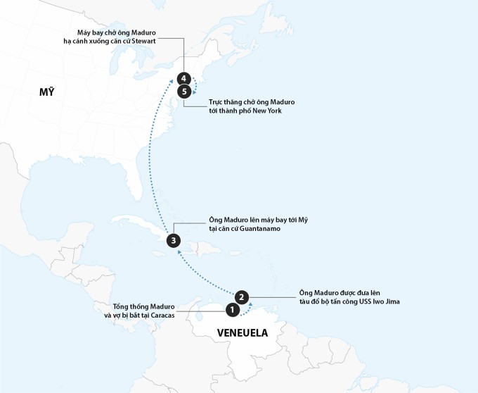 Hành trình của Tổng thống Venezuela Nicolas Maduro tới Mỹ sau khi bị bắt. Đồ họa: CNN