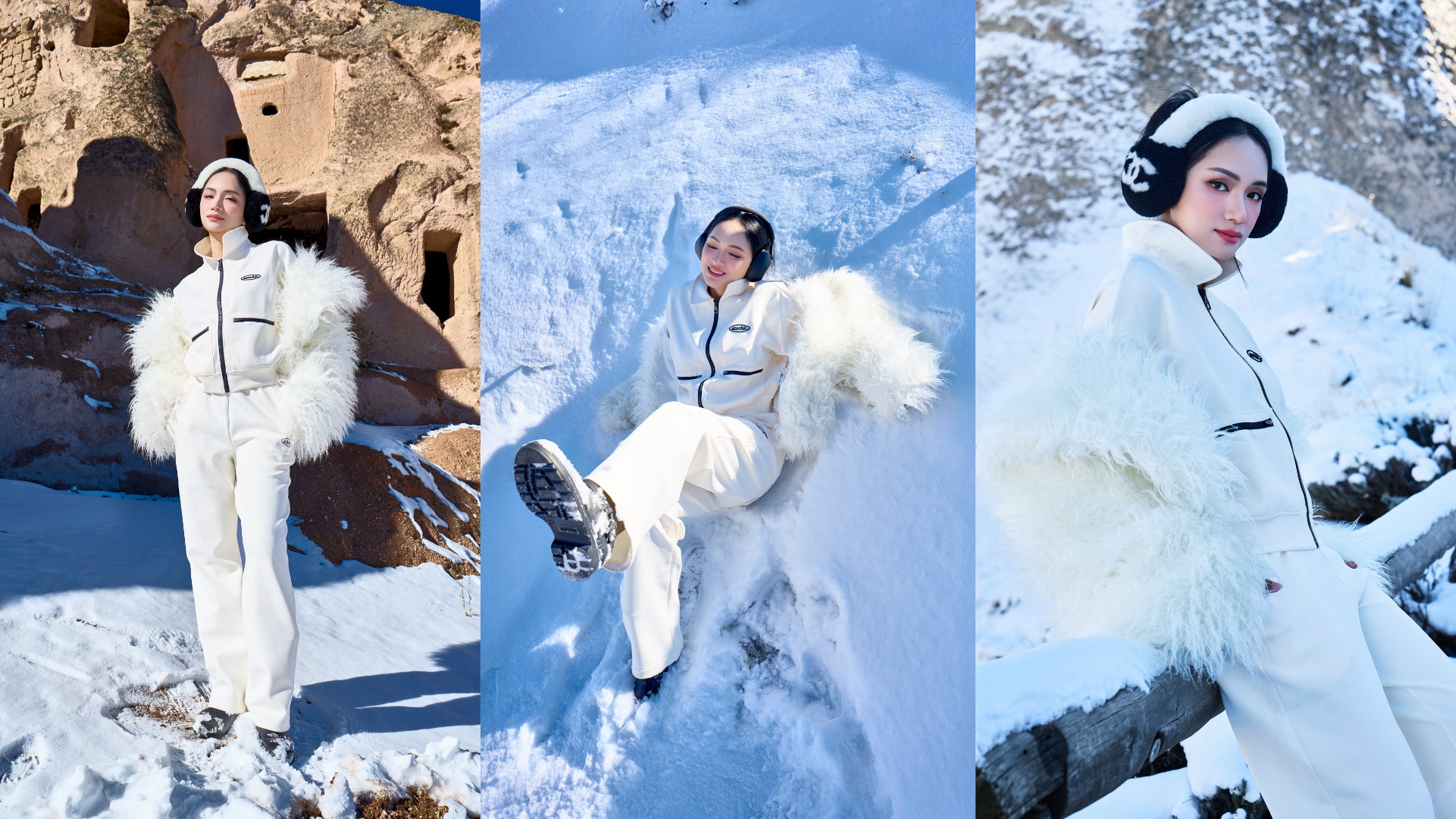 Trong một outfit khác, nàng hậu chuyển giới nổi bật giữa trời tuyết trắng với bộ đồ thể thao trắng. Điểm nhấn là chiếc khăn lông và bịt tai cực sành điệu.
