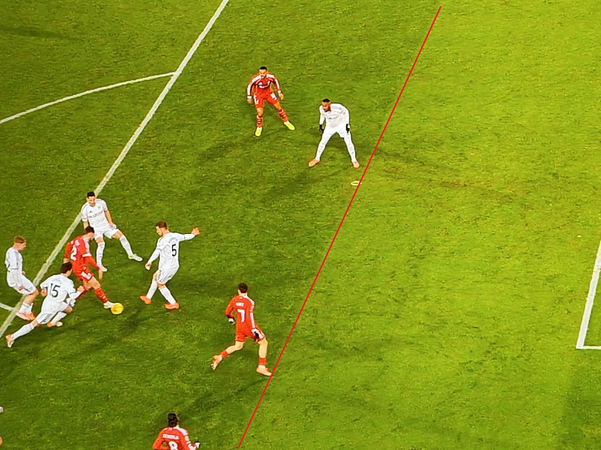 Một CĐV đã thử kẻ đường thẳng theo vạch cỏ để thấy rõ vị trí của Wirtz